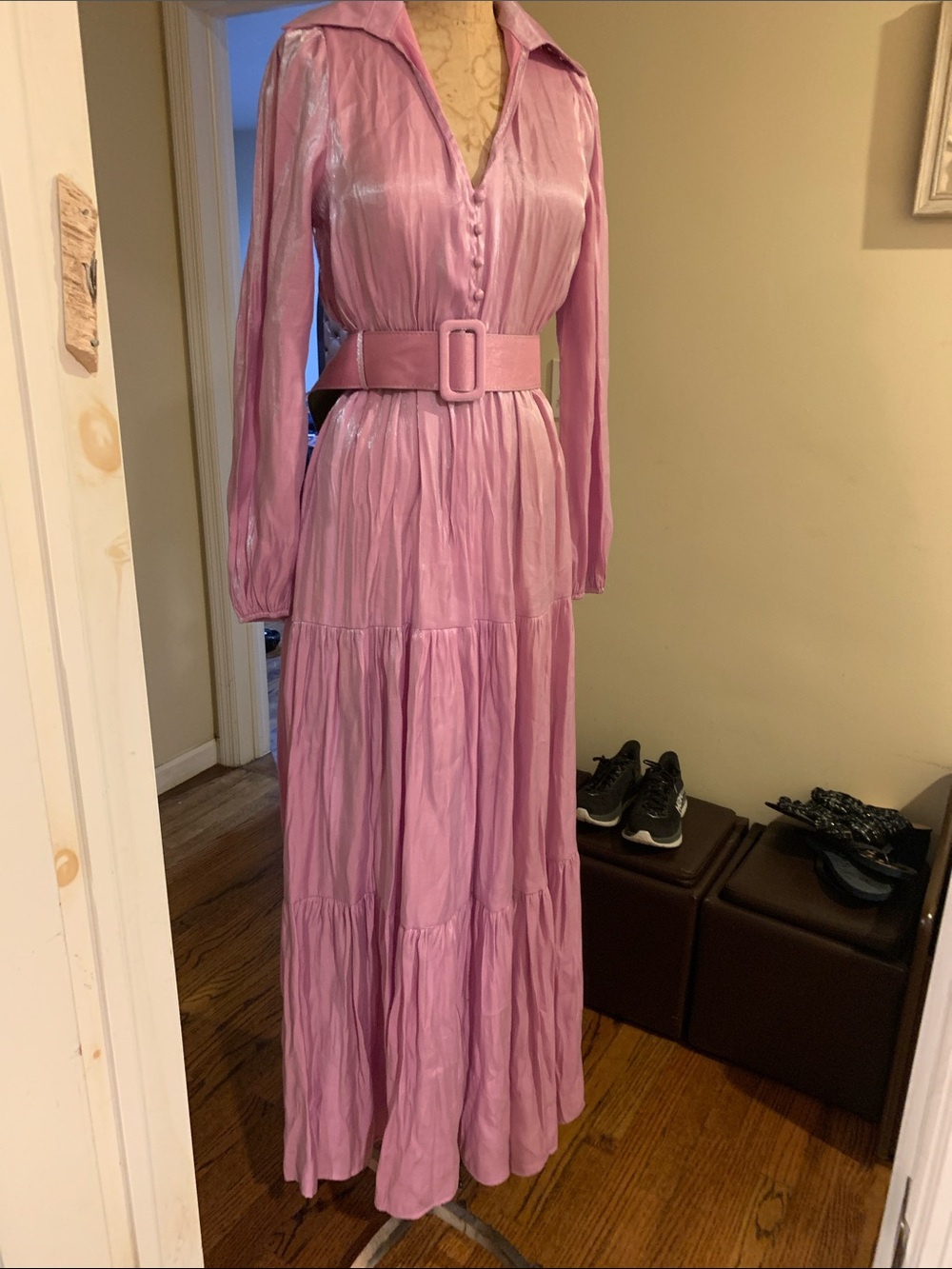 New no tags Shimmering Pink Long-Sleeve Maxi Dress with Waist Belt